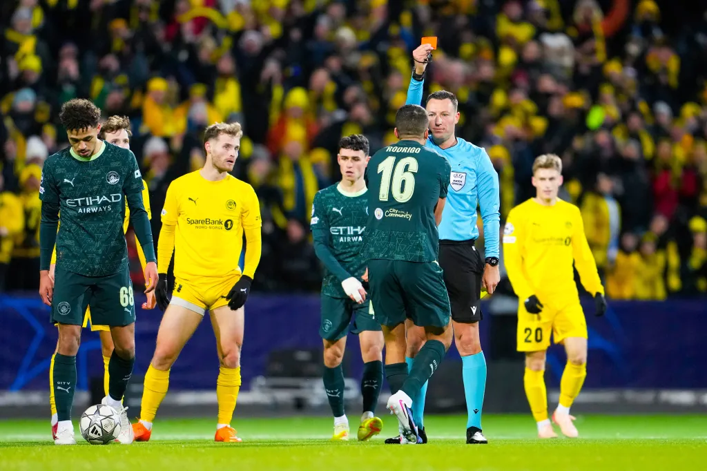Rodri reacting after receiving a red card for Manchester City against Bodo/Glimt in the Champions League