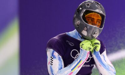 Vladyslav Heraskevych wearing tribute helmet during Winter Olympics skeleton training