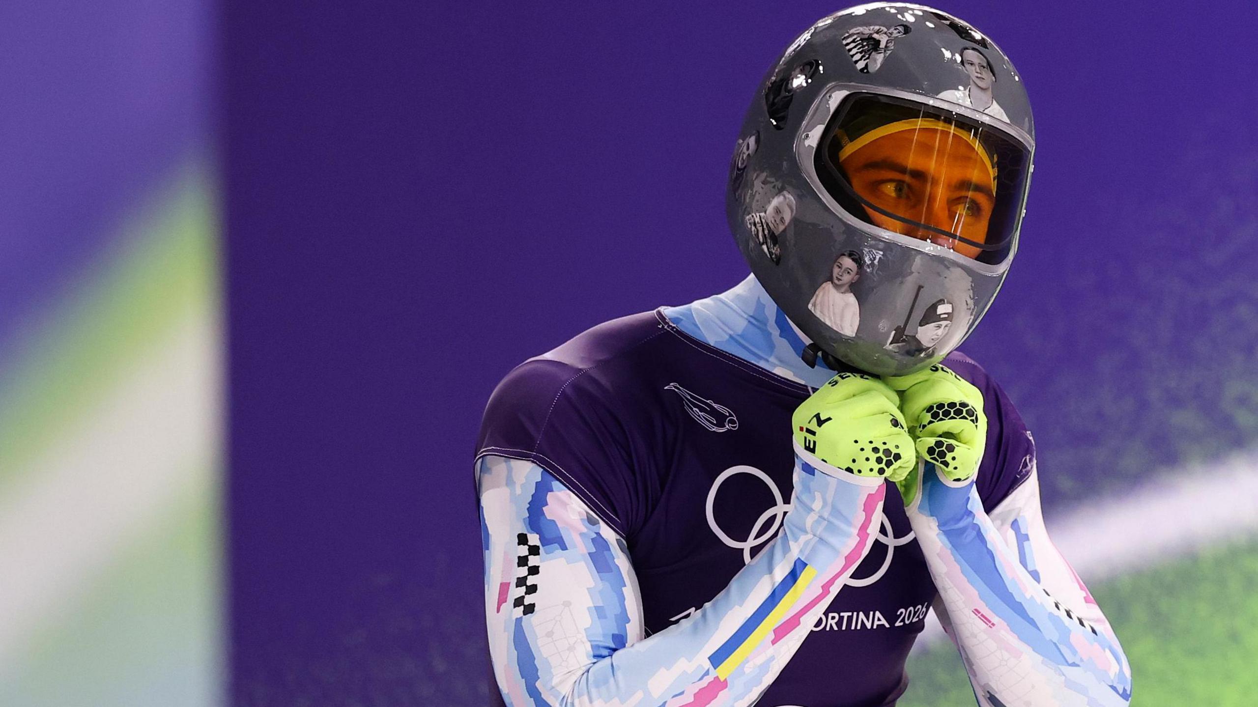 Vladyslav Heraskevych wearing tribute helmet during Winter Olympics skeleton training