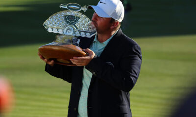 Chris Gotterup celebrates after winning the Phoenix Open at TPC Scottsdale
