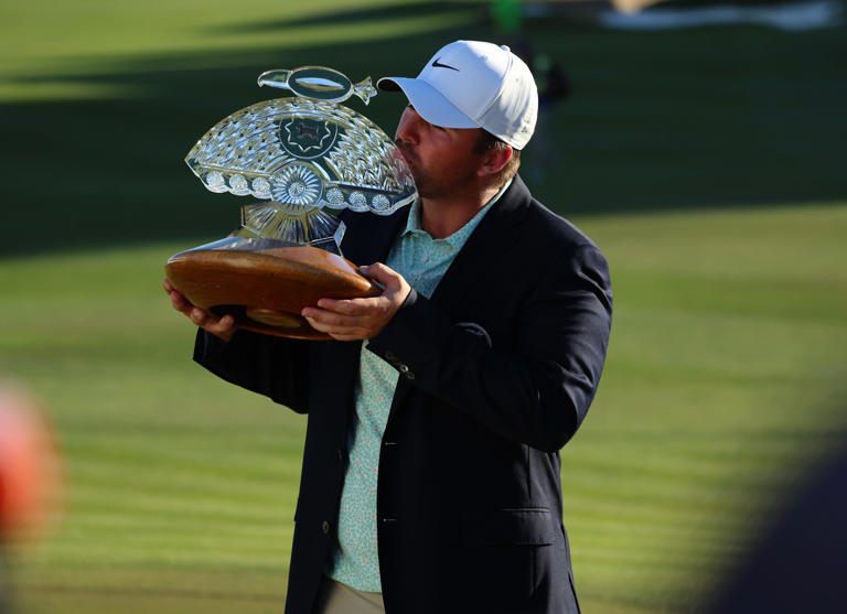 Chris Gotterup celebrates after winning the Phoenix Open at TPC Scottsdale