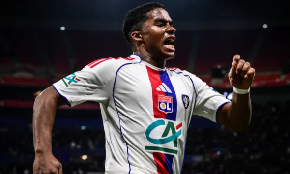 Endrick reacting after being shown a red card during Lyon vs Nantes Ligue 1 match