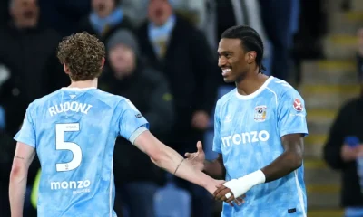 Haji Wright celebrating hat-trick goal for Coventry City vs Middlesbrough in Championship match
