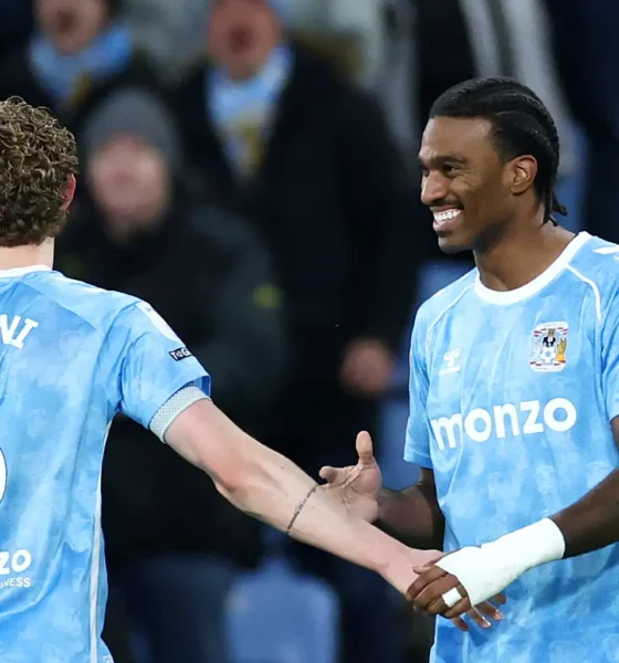Haji Wright celebrating hat-trick goal for Coventry City vs Middlesbrough in Championship match