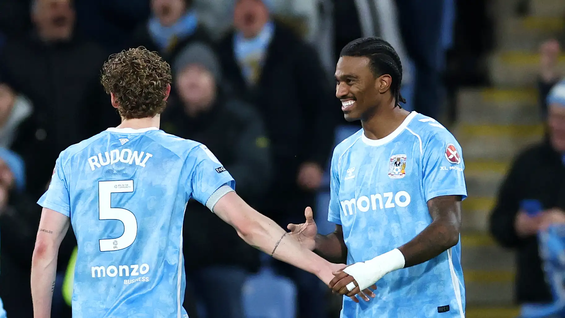Haji Wright celebrating hat-trick goal for Coventry City vs Middlesbrough in Championship match