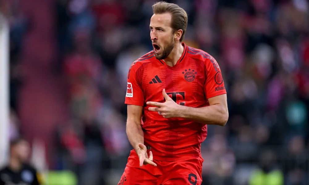 Harry Kane in Bayern Munich kit celebrating a goal in the Bundesliga 2025-26 season