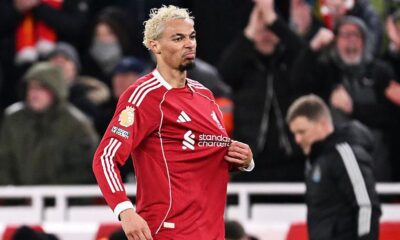 Hugo Ekitike celebrates after scoring for Liverpool at Anfield