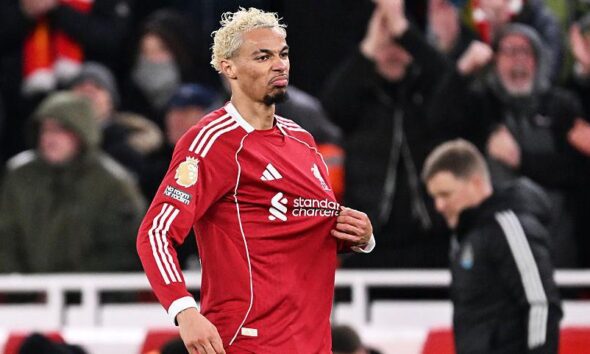 Hugo Ekitike celebrates after scoring for Liverpool at Anfield