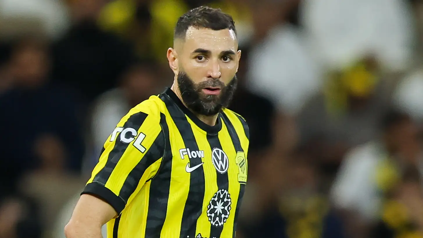 Karim Benzema in Al-Hilal training kit smiling after completing transfer from Al-Ittihad