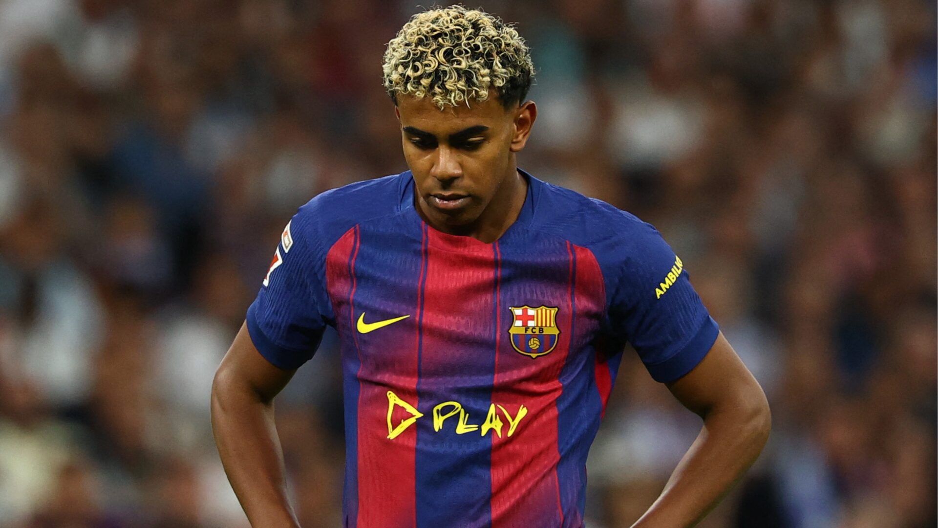 Lamine Yamal celebrating a goal for Barcelona after overcoming pubalgia injury