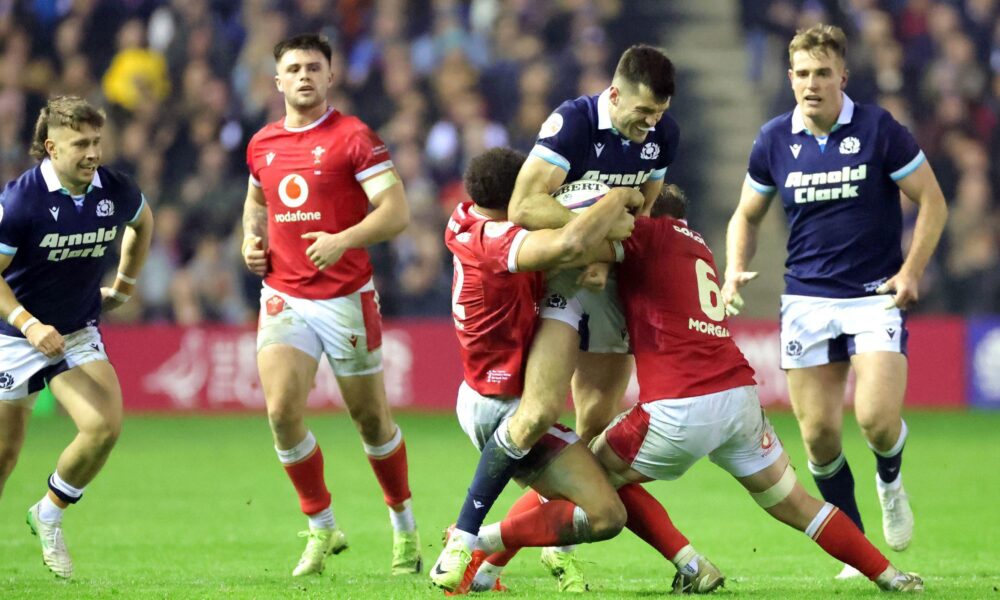 Six Nations rugby players collide during high-intensity international match