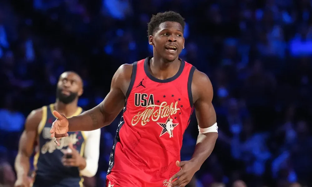 Anthony Edwards wearing Lionel Messi Argentina jersey at NBA All-Star media session
