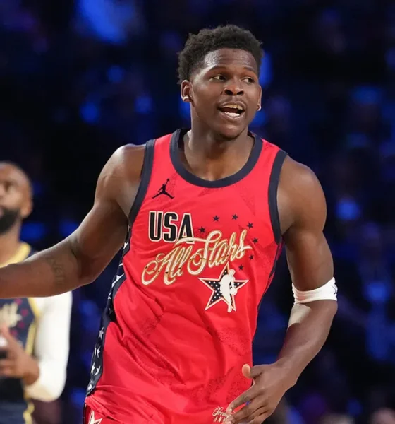 Anthony Edwards wearing Lionel Messi Argentina jersey at NBA All-Star media session