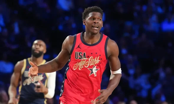 Anthony Edwards wearing Lionel Messi Argentina jersey at NBA All-Star media session
