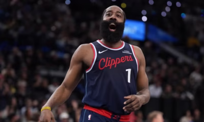 James Harden in action during NBA game wearing Los Angeles Clippers jersey