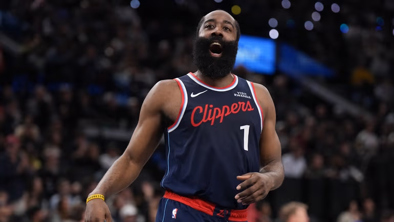 James Harden in action during NBA game wearing Los Angeles Clippers jersey