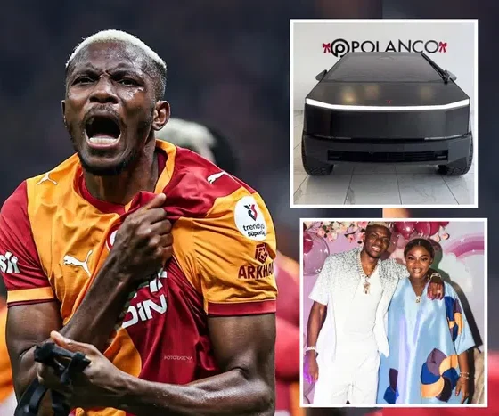 Victor Osimhen with a customized Tesla Cybertruck gifted to his sister