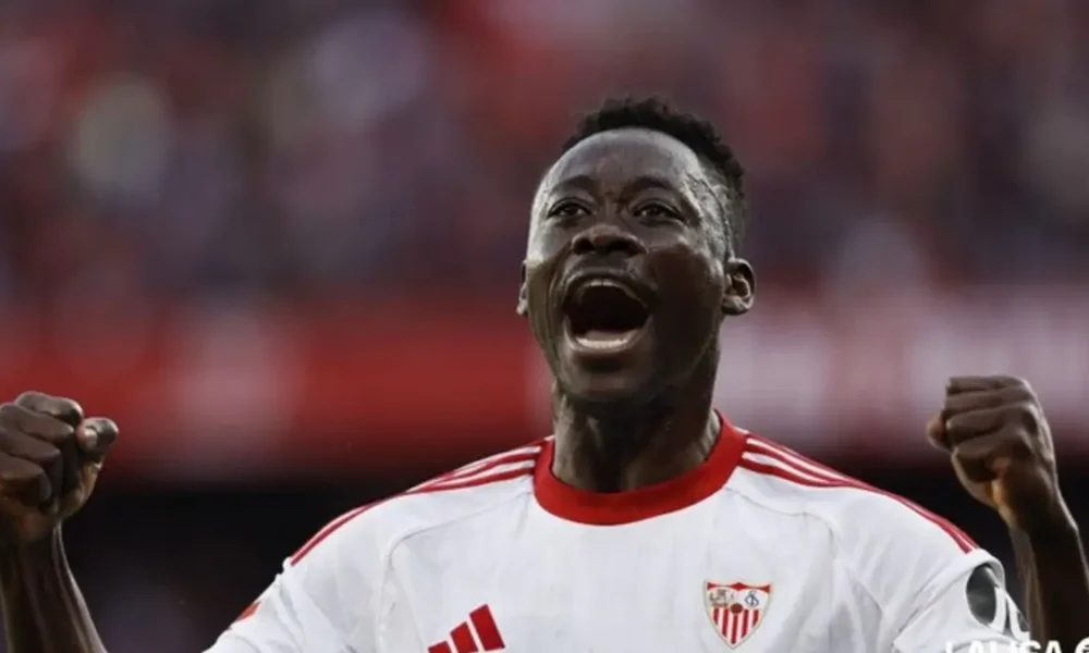 Akor Adams celebrating after scoring for Sevilla in a La Liga match