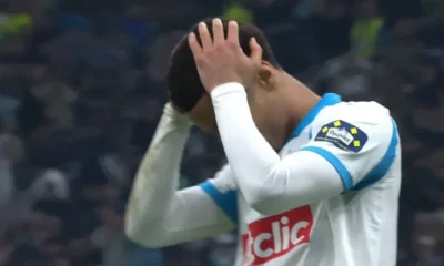 Ethan Nwaneri reacting after missing a penalty during Marseille vs Toulouse Coupe de France shootout