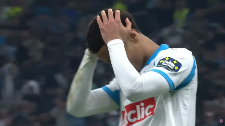 Ethan Nwaneri reacting after missing a penalty during Marseille vs Toulouse Coupe de France shootout