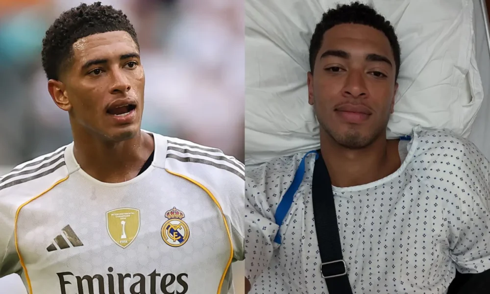 Jude Bellingham recovering after shoulder surgery with arm in a sling