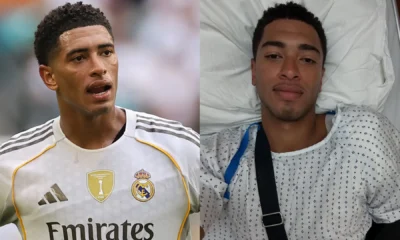 Jude Bellingham recovering after shoulder surgery with arm in a sling