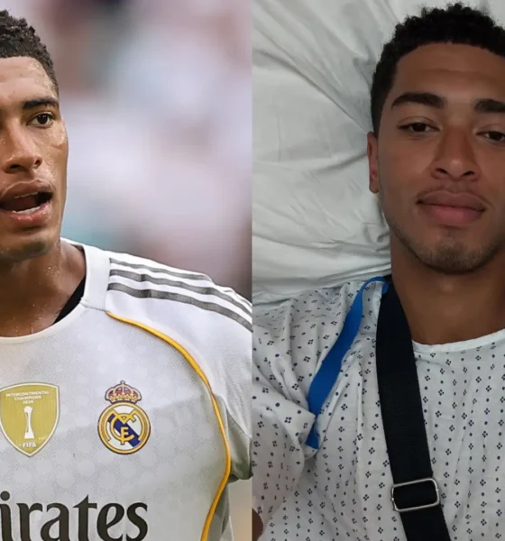 Jude Bellingham recovering after shoulder surgery with arm in a sling