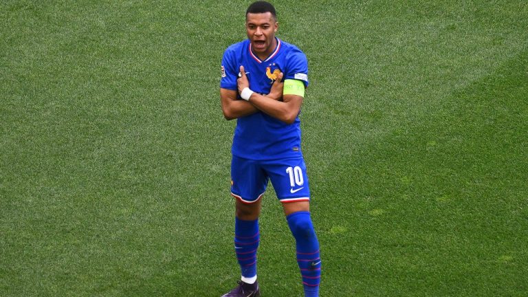 Kylian Mbappe celebrating a goal for France in 2025