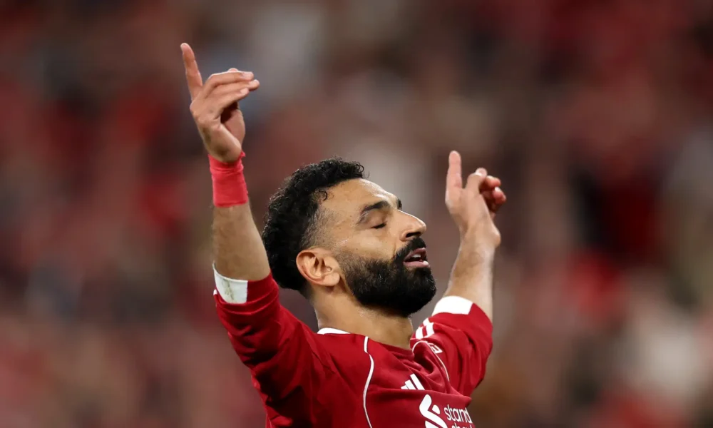 Mohamed Salah celebrating a goal for Liverpool during a Premier League match