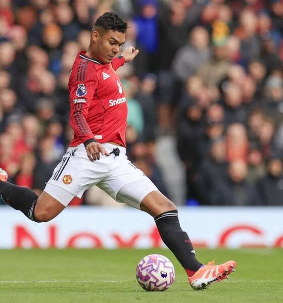 Casemiro in action for Manchester United during a Premier League match at Old Trafford