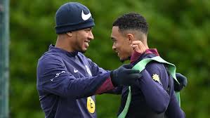 Trent Alexander-Arnold and Jude Bellingham during an England training session