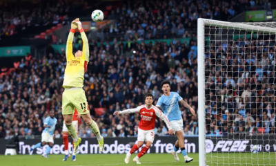 Kepa Arrizabalaga reacting after conceding during Arsenal vs Manchester City Carabao Cup final