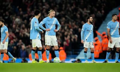 Manchester City players reacting during their 2-2 draw with Nottingham Forest at the Etihad Stadium