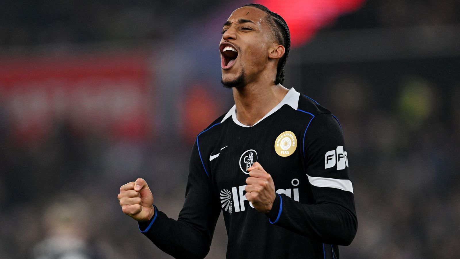 João Pedro celebrating his hat-trick for Chelsea against Aston Villa