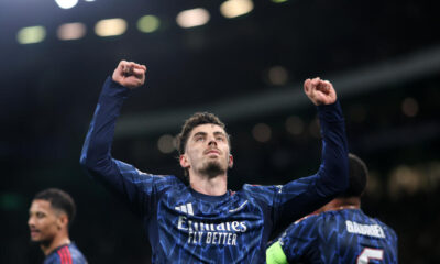 Kai Havertz celebrates late winner for Arsenal after Gabriel Martinelli assist against Sporting CP in Champions League