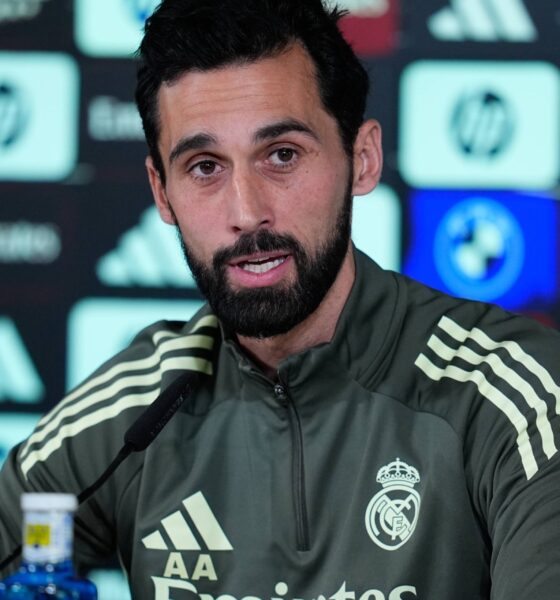 Alvaro Arbeloa speaking during press conference about Real Madrid and La Liga refereeing controversies.
