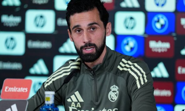 Alvaro Arbeloa speaking during press conference about Real Madrid and La Liga refereeing controversies.
