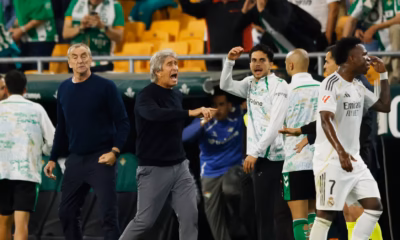 Hector Bellerin celebrating late equaliser for Real Betis against Real Madrid in La Liga clash.