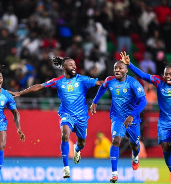 DR Congo players celebrating World Cup qualification after defeating Jamaica