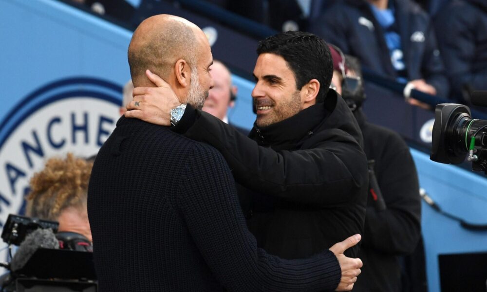 Mikel Arteta and Pep Guardiola on the touchline during the Premier League title race.
