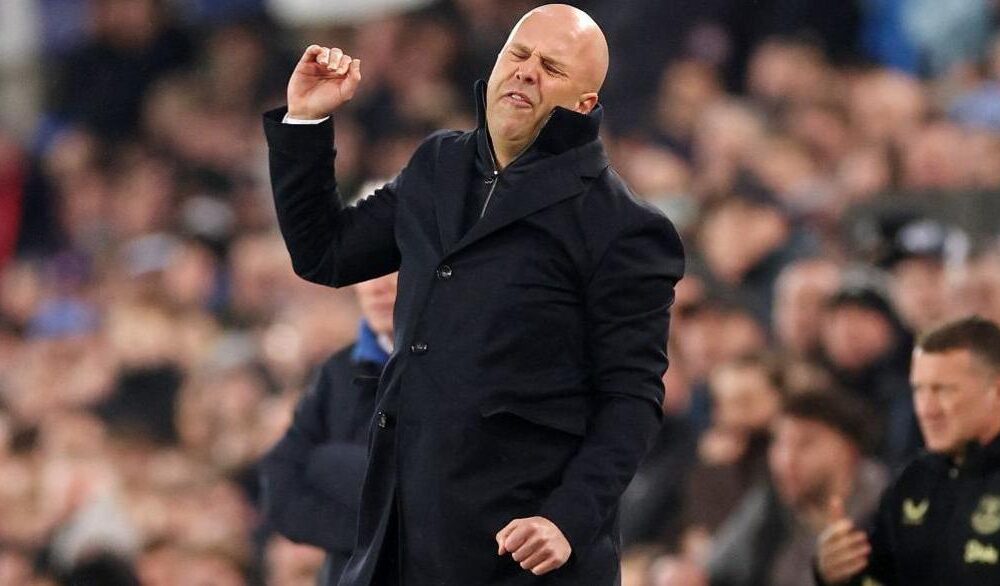 Arne Slot reacting on the touchline during a difficult Premier League season for Liverpool.