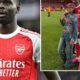 Bukayo Saka embracing fiancée Tolami Benson during Arsenal’s Premier League title celebrations.