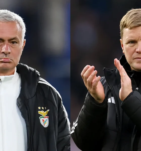 Jose Mourinho and Eddie Howe during matches as Newcastle weigh managerial decision.