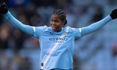 Khadija Shaw celebrating after scoring for Manchester City Women during the WSL season.