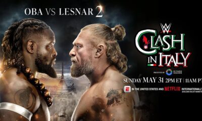 Oba Femi and Brock Lesnar facing off before WWE Clash in Italy.
