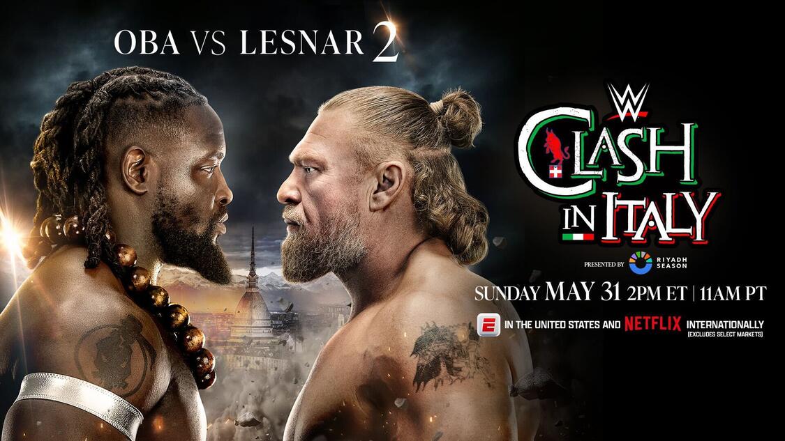 Oba Femi and Brock Lesnar facing off before WWE Clash in Italy.