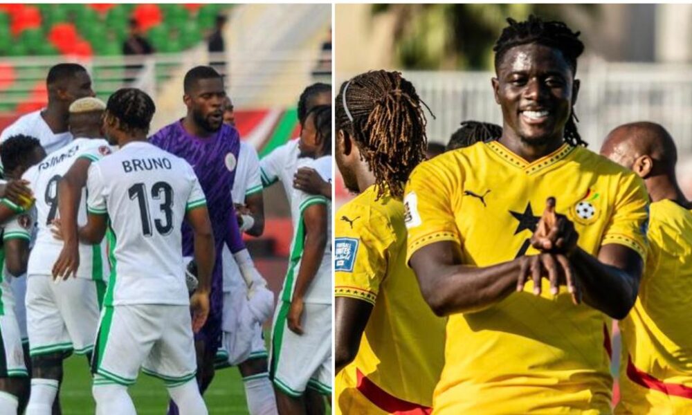 Super Eagles players celebrating Nigeria becoming Africa’s top football talent exporter with players across global leagues.