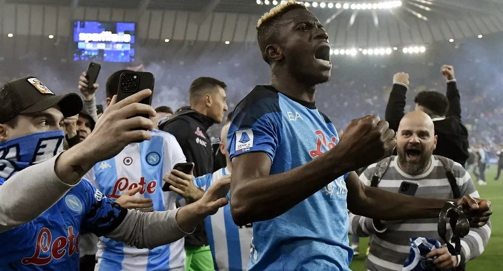 Victor Osimhen celebrating during Napoli’s 2023 Serie A title-winning season.
