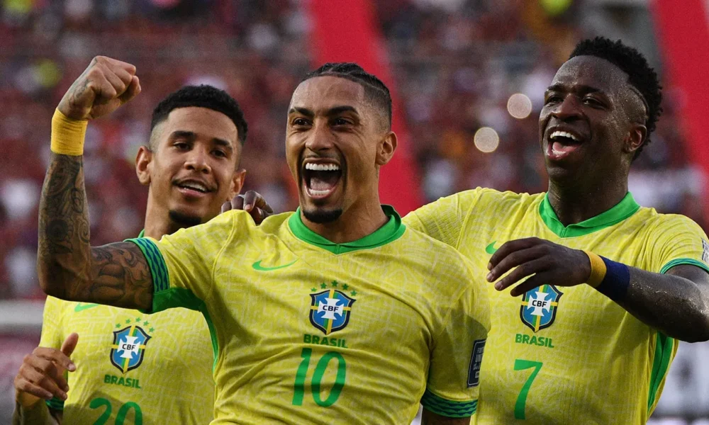 Raphinha and Vinicius Junior training with Brazil ahead of the 2026 FIFA World Cup.