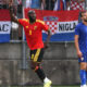 Romelu Lukaku celebrating after scoring for Belgium against Croatia.